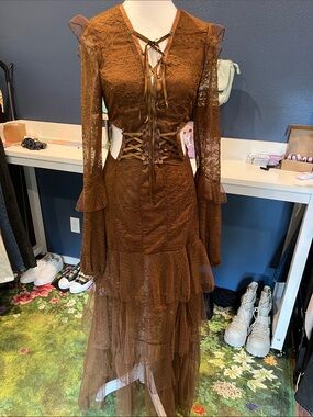 NWOT Current Mood Lace Tiered Maxi Dress in Brown